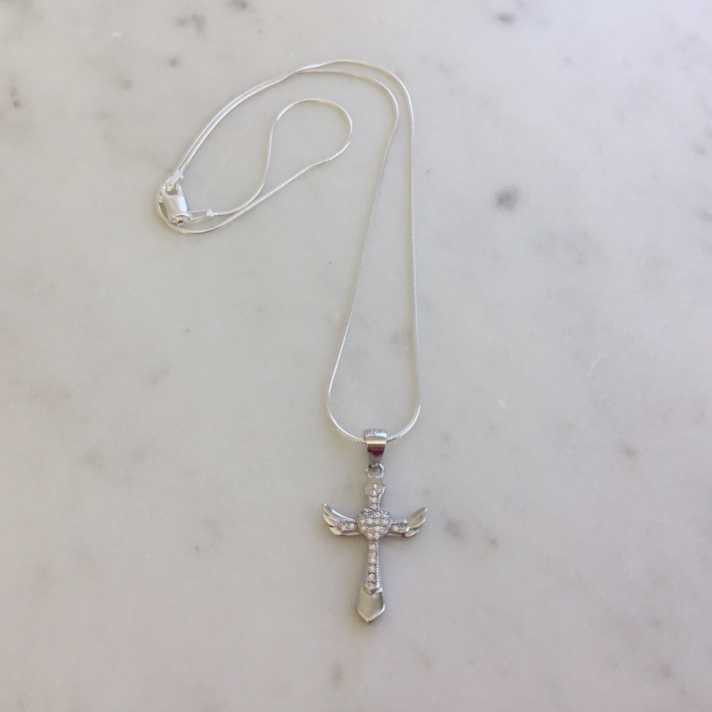 Sterling Silver Cz Cross with Angel Wings Necklace - Picture 3 of 16